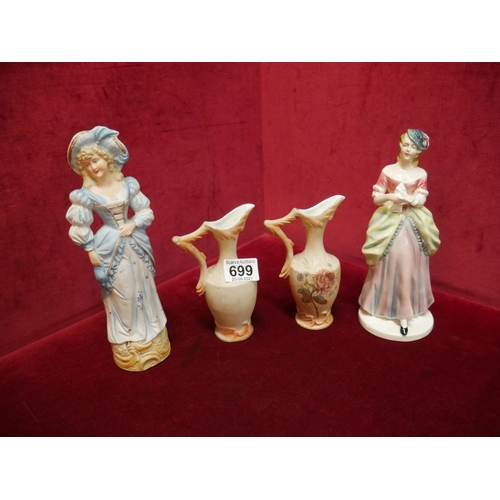 699 - PAIR OF SMALL HAND PAINTED VASES & 2 FIGURINES