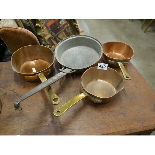 492 - 4 COPPER SAUCEPANS