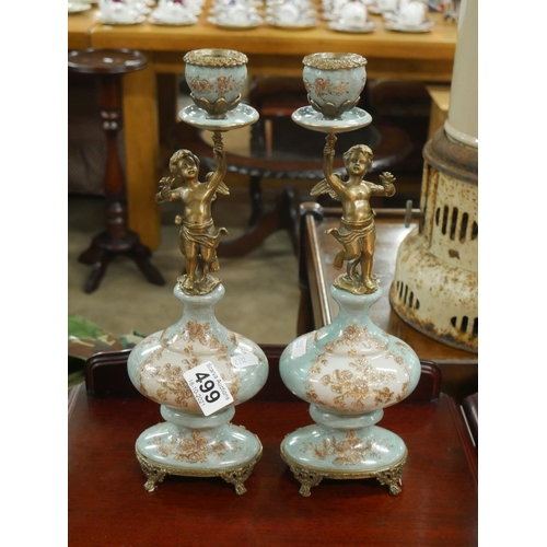 499 - PAIR OF PORCELAIN & BRASS CANDLESTICKS