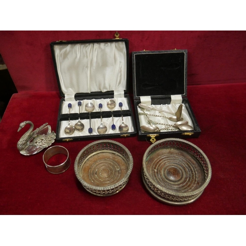 642 - BOX OF SILVER PLATED ITEMS INCLUDING DUBLIN SILVER NAPKIN RING