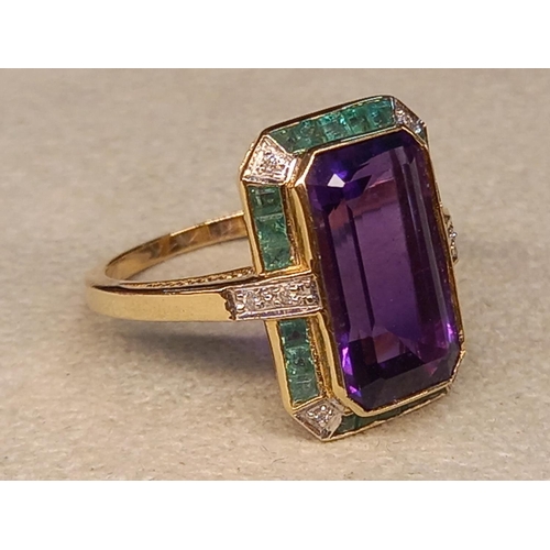 293 - 9CT AMETHYST/EMERALD/DIAMOND RING SIZE O