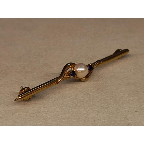 294 - 9CT PEARL & SAPPHIRE BAR BROOCH