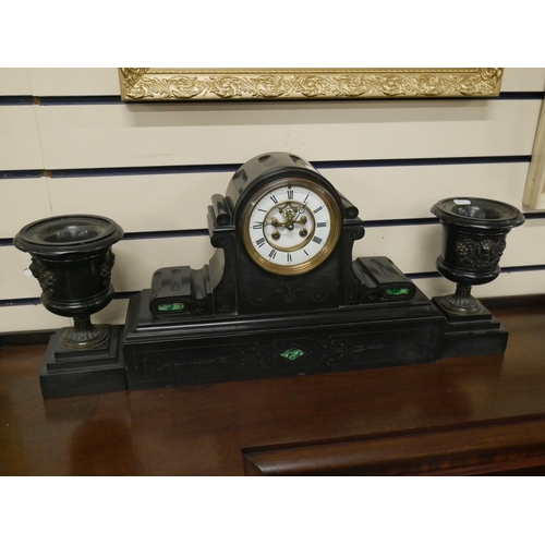 396 - SLATE CLOCK & GARNITURES