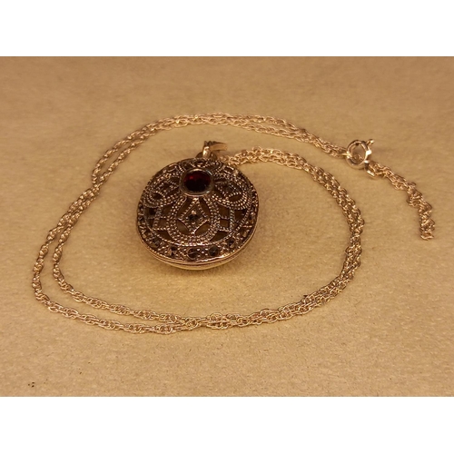 261 - SILVER MARCASITE & GARNET LOCKET & CHAIN