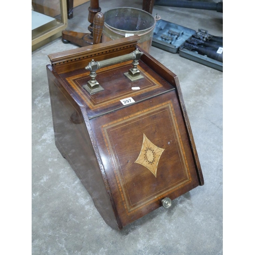 297 - EDWARDIAN INLAID COAL SCUTTLE WITH LINER & SHOVEL