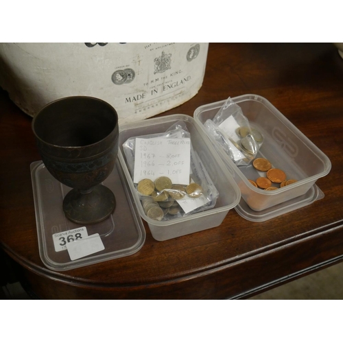 370 - 2 BOXES OF COINS & BRONZE TANKARD