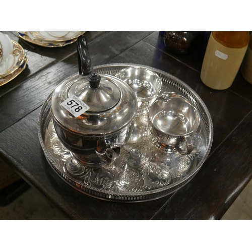 578 - SILVER PLATED TRAY & CONTENTS