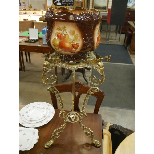 650 - BRASS PLANT STAND & STAFFORDSHIRE PLANTER