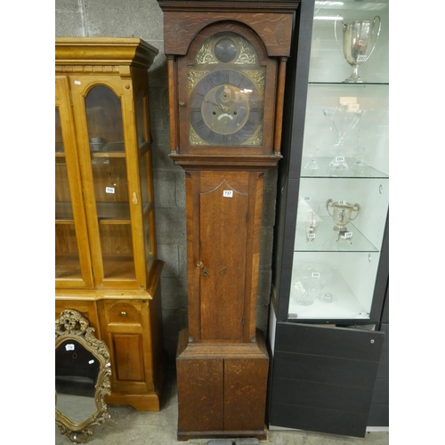 737 - BRASS DIAL GRANDFATHER CLOCK WITH WEIGHTS & PENDULUM