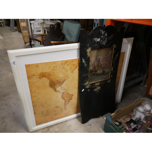 781 - FRAMED MAP & LACQUERED PRINT