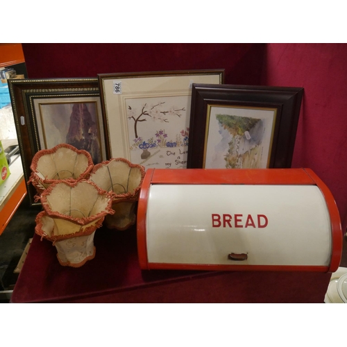 786 - FRAMED PRINTS PLUS OLD BREAD BIN ETC