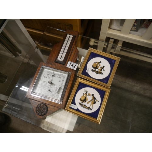 742 - BAROMETER & FRAMED PORCELAIN PANELS