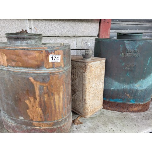 174 - 2 COPPER SPRAYERS & OLD PETROL CAN