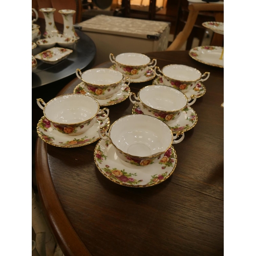 738 - 6 OLD COUNTRY ROSE 2 HANDLED SOUP BOWLS WITH SAUCERS