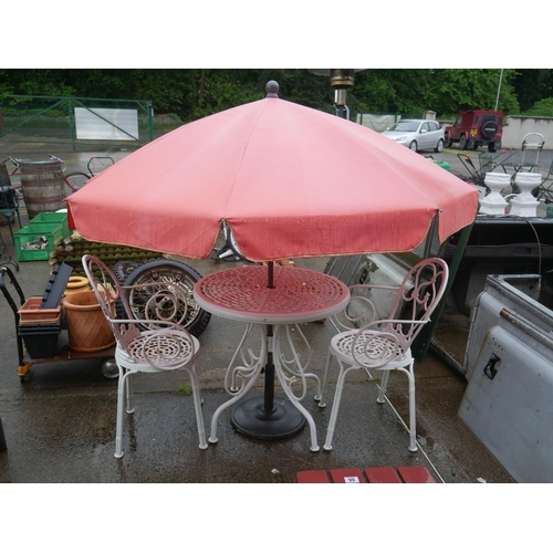 87 - GARDEN TABLE & 2 CHAIRS PLUS PARASOL