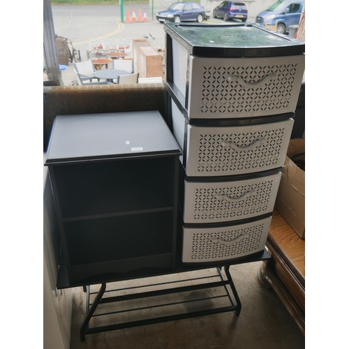 245 - BLACK TABLE & BOOKCASE PLUS STORAGE CONTAINER