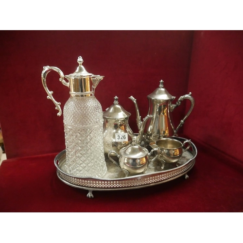 326 - SILVER PLATED TRAY PLUS TEA SERVICE & CLARET JUG