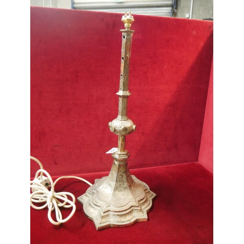 388 - 19TH C. EASTERN WHITE METAL CANDLESTICK CONVERTED TO LAMP, POSSIBLY SILVER