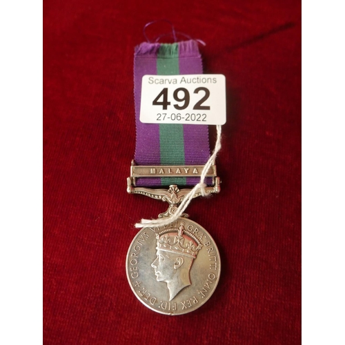 492 - MALAYA MEDAL TO PTE J JOHNSTON RASC