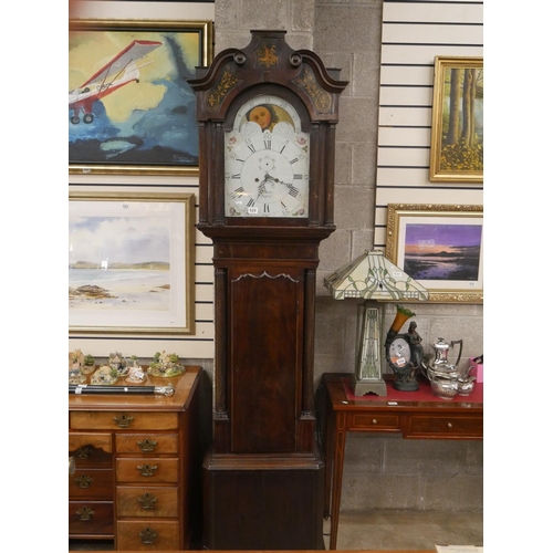 529 - GEORGIAN INLAID GRANDFATHER CLOCK WITH ROLLER MOON DIAL, WEIGHTS & PENDULUM