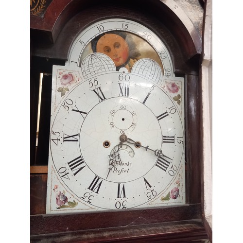 529 - GEORGIAN INLAID GRANDFATHER CLOCK WITH ROLLER MOON DIAL, WEIGHTS & PENDULUM