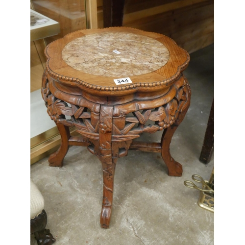 344 - HARDWOOD CARVED PLANT STAND WITH MARBLE TOP