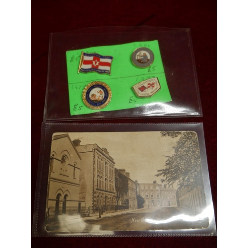 346 - CARLETON STREET ORANGE HALL POSTCARD & OLD BADGES