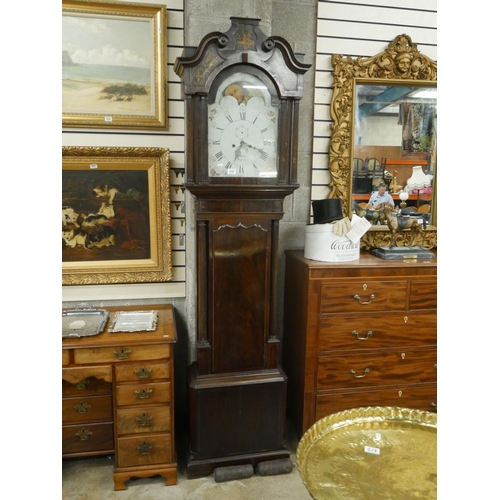 390 - GEORGIAN GRANDFATHER CLOCK WITH WEIGHTS & PENDULUM & MOON ROLLER