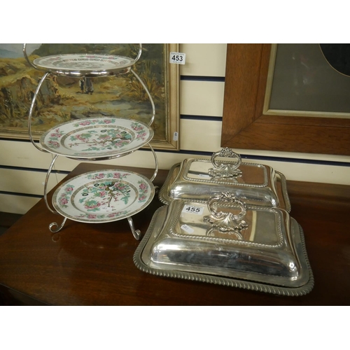 455 - 2 TUREENS & CAKE STAND