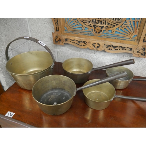 463 - SET OF BRASS PANS INCLUDING PRESERVE PAN