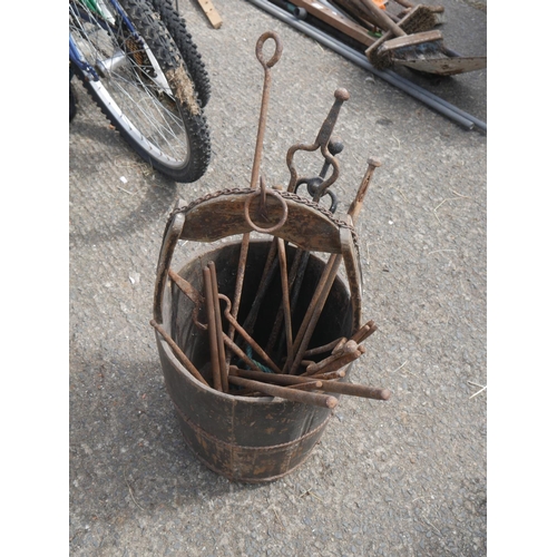 52 - WOODEN BUCKET & FORGE TOOLS