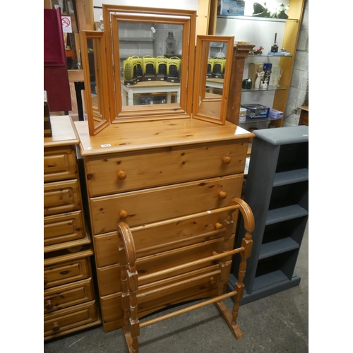 767 - PINE CHEST OF DRAWERS WITH DRESSING MIRROR & TOWEL RAIL