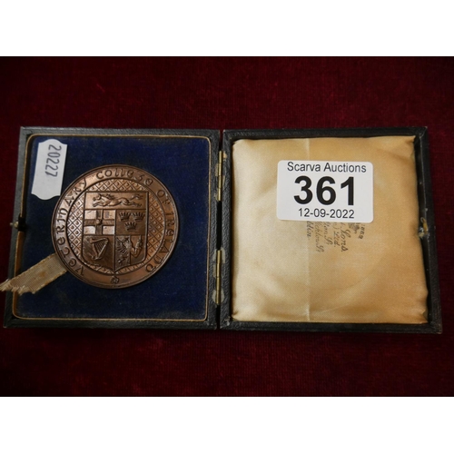 361 - CASED BRONZE MEDAL FOR PRACTICAL CHEMISTRY 1951-1952 VETERINARY COLLEGE OF IRELAND