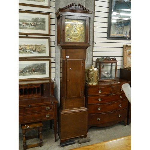 455 - GEORGIAN BRASS DIAL INLAID GRANDFATHER CLOCK WITH WEIGHTS & PENDULUM