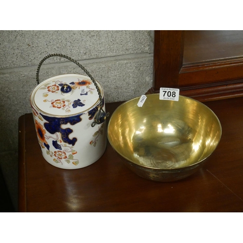 708 - CERAMIC BISCUIT BARREL & BRASS BOWL