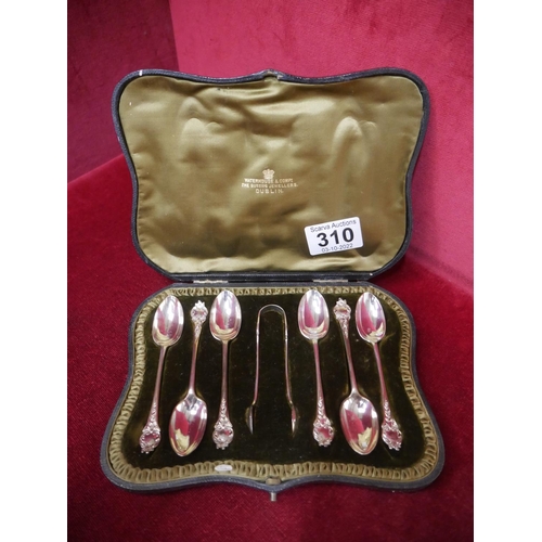 310 - HALLMARKED SILVER CASED TEASPOONS & SUGAR TONGS