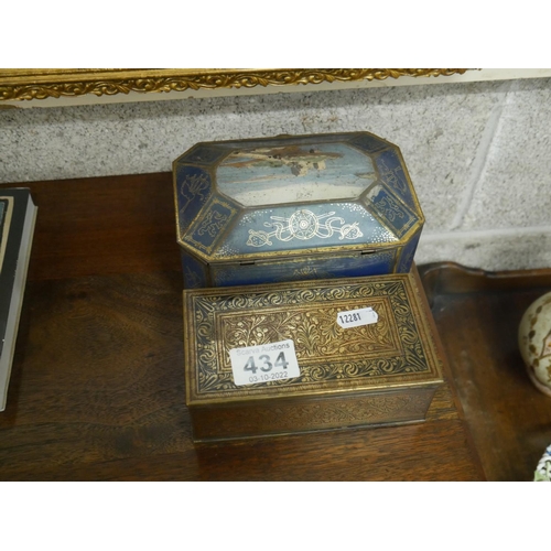 434 - PAINTED BRASS BOX & CONTENTS PLUS OLD TIN & CONTENTS