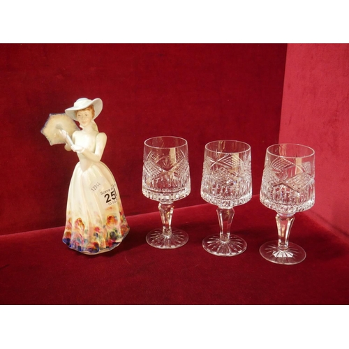 251 - FRANECESCA FIGURINE & 3 CRYSTAL WINE GLASSES