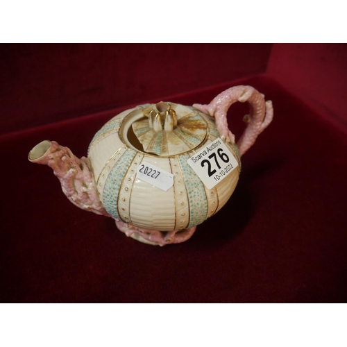 276 - EARLY BLACK STAMP BELLEEK TEA POT WITH DAMAGE - SOME PIECES INSIDE