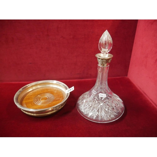 291 - HALLMARKED SILVER COLLARED DECANTER ON SILVER & OAK STAND