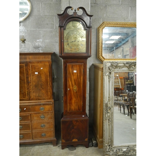 441 - BRASS DIAL GEORGIAN INLAID GRANDFATHER CLOCK WITH WEIGHTS & PENDULUM