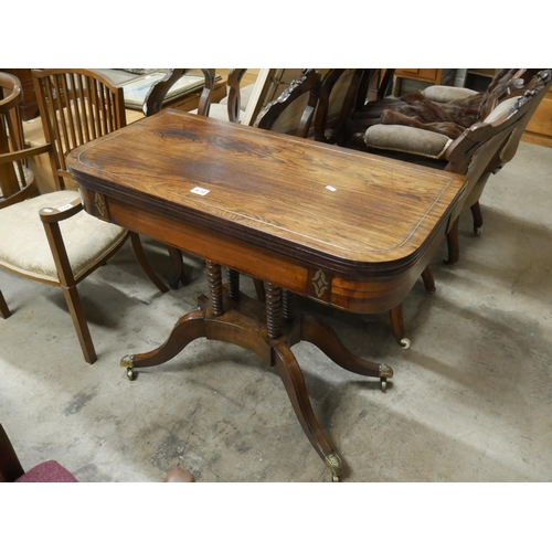 476 - GEORGIAN TURNOVER LEAF CARD TABLE WITH BRASS INLAY