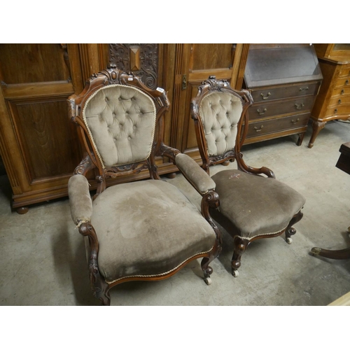 485 - LADIES & GENTS VICTORIAN WALNUT CAB LEG CHAIRS