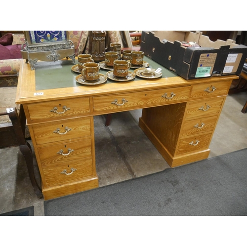 517 - PINE PEDESTAL DESK WITH LEATHER TOP