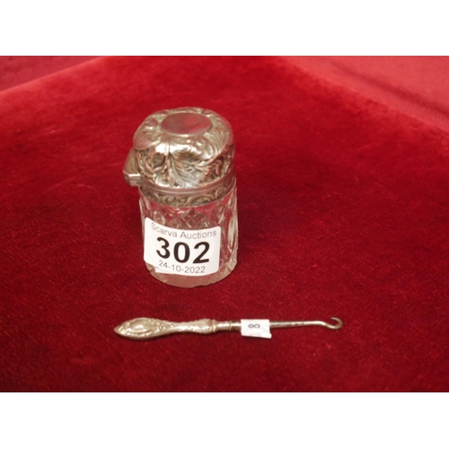 302 - SILVER TOPPED BOTTLE & SILVER HANDLED BUTTON HOOK