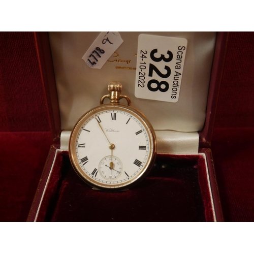 328 - 9CT POCKET WATCH - WORKING BY WALTHAM