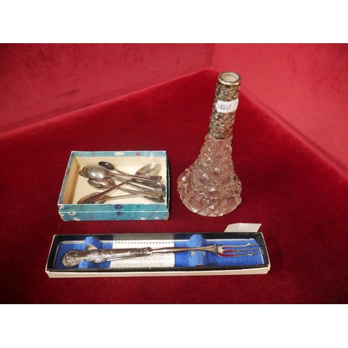 336 - SILVER HANDLED FORK PLUS SILVER COLLARED BOTTLE & SILVER PLATED TEASPOONS