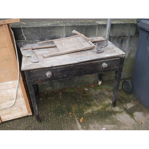 153 - OLD PINE TABLE PLUS WASHBOARD ETC