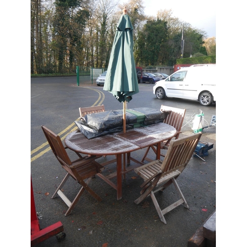 44 - GARDEN TABLE & 4 CHAIRS PLUS PARASOL