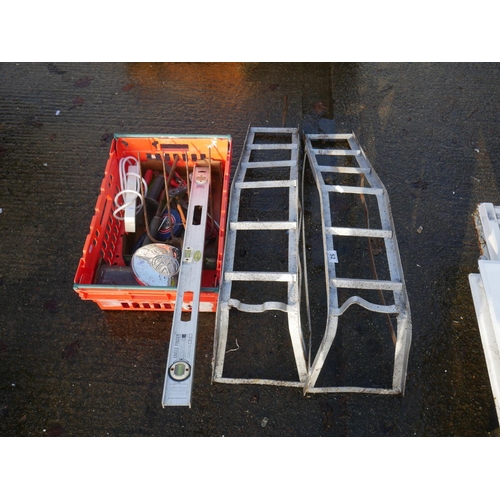 52 - PAIR OF CAR RAMPS & CRATE OF TOOLS